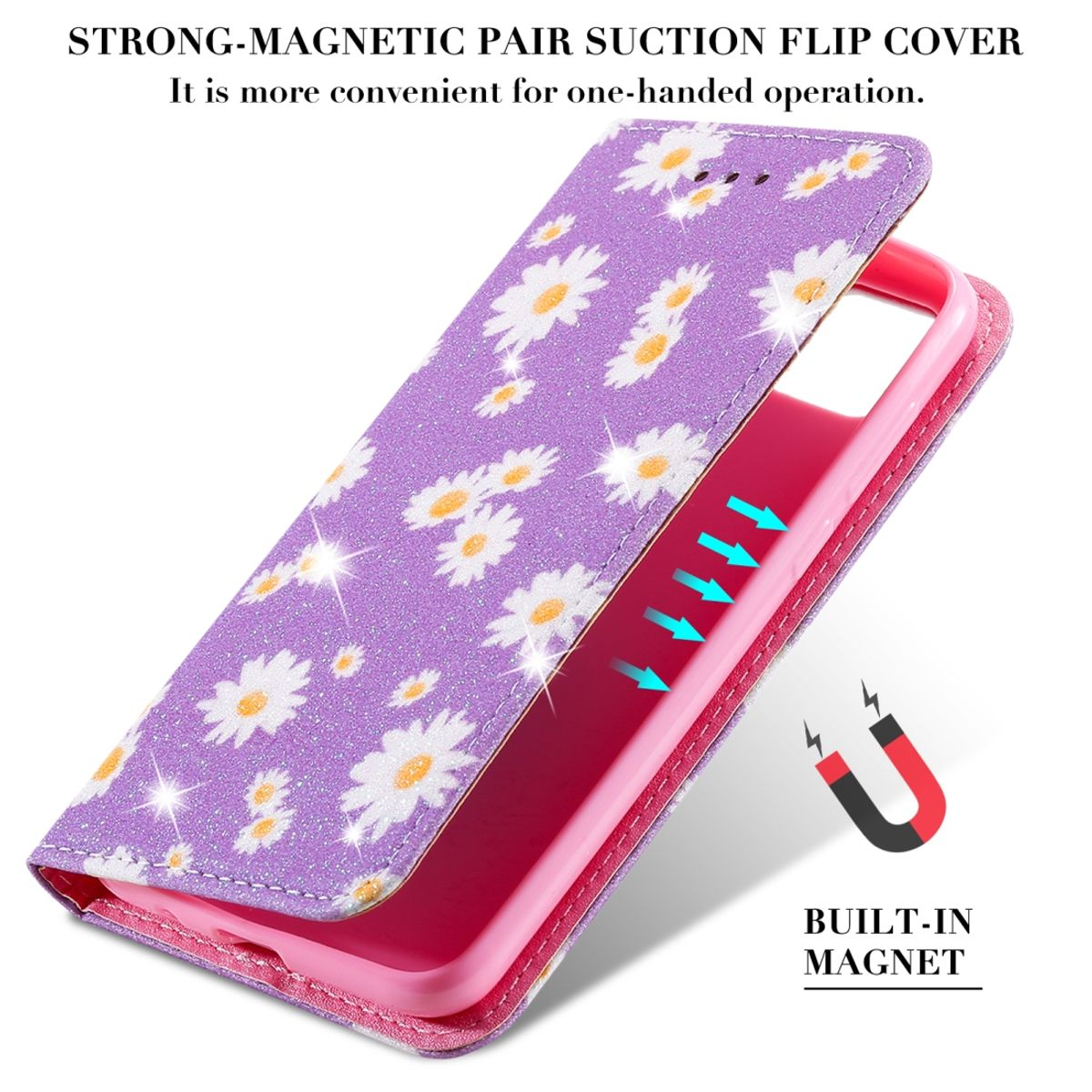 Lila Handyhülle mit weißem Gänseblümchenmuster, offen, um ein rosa Telefon zu zeigen. Eingebauter Magnet.