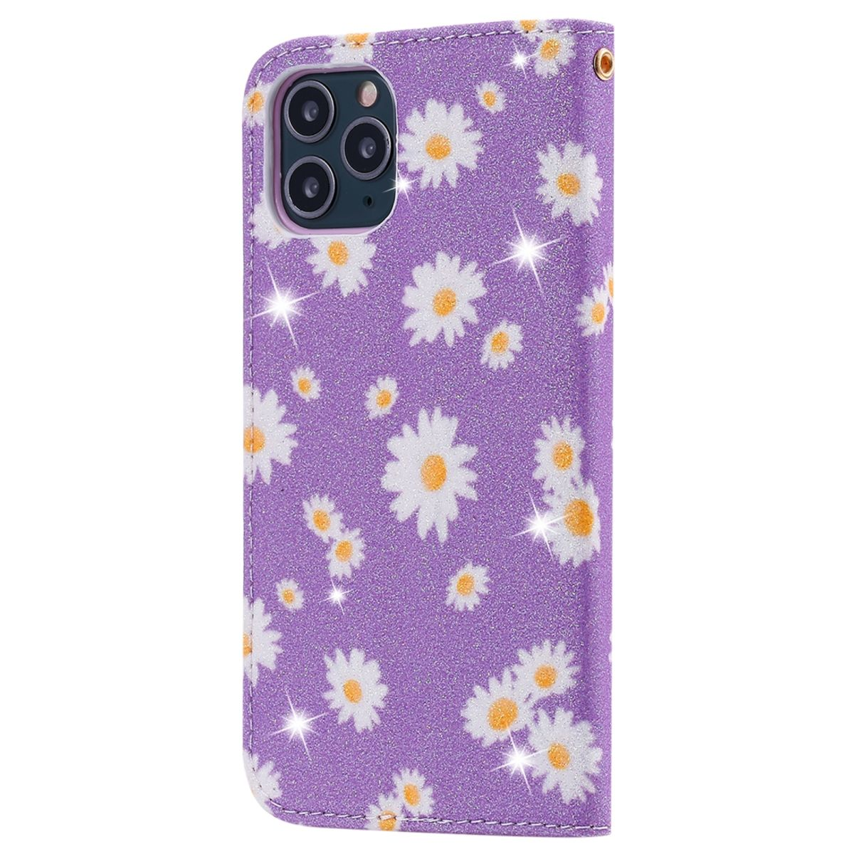 Eine lila Handyhülle mit weißen Gänseblümchen und Glitzer, die ein Telefon darin zeigt.