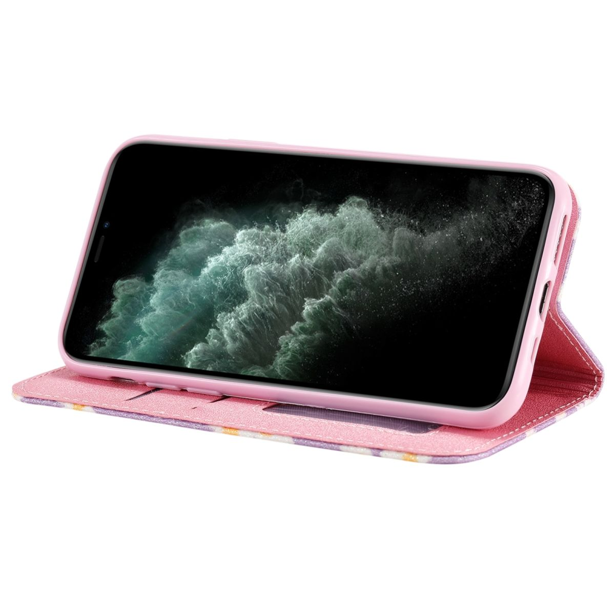 Rosa Handyhülle mit einem Telefon darin. Weißer Hintergrund.