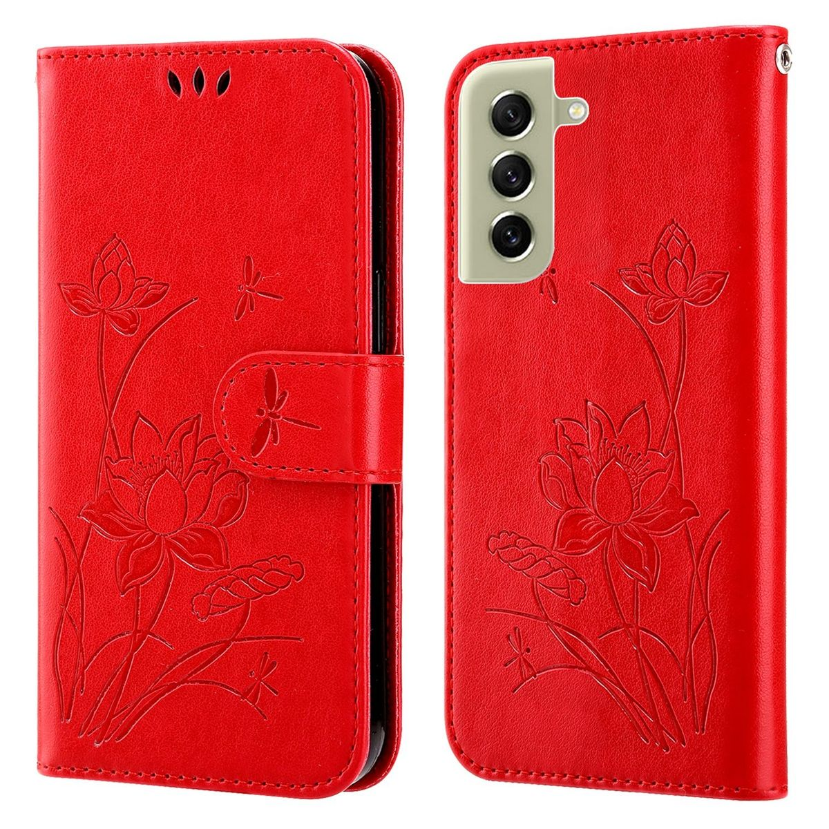 Rote Handyhülle. Lotusblumen-Design mit Libellen. Mehrere Ansichten der Hülle, offen und geschlossen.