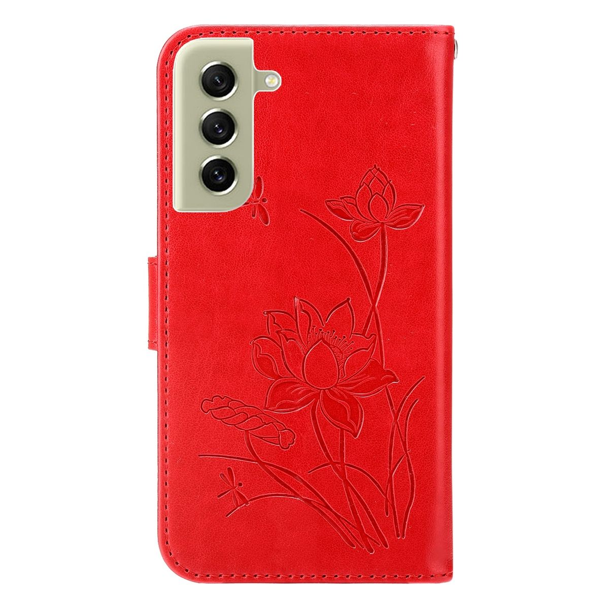 Rote Handyhülle mit Blumendesign. Sie ist geöffnet und zeigt das Telefon im Inneren.