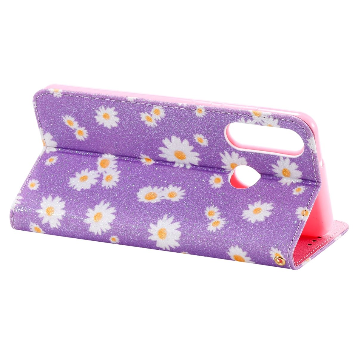 Lila Handyhülle mit weißen Gänseblümchen, geöffnet um den Telefonhalter zu zeigen.
