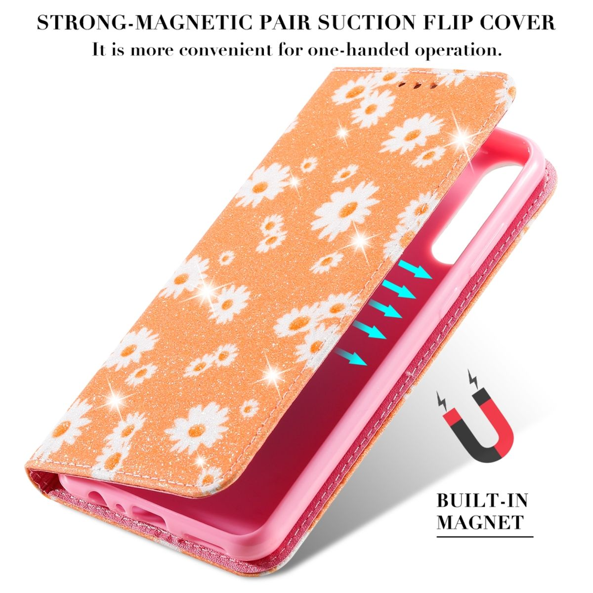 Orangefarbene Handyhülle mit Gänseblümchen-Design, offen, um ein rosa Telefon zu zeigen. Eingebauter Magnet.