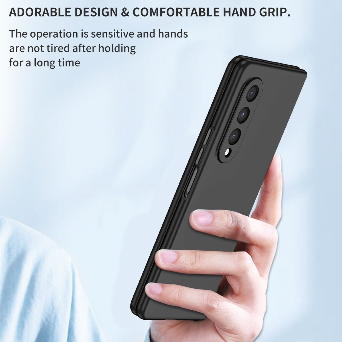 Schwarze Handyhülle in der Hand einer Person. Das Telefon hat eine Kameraerhebung und Knöpfe an der Seite.