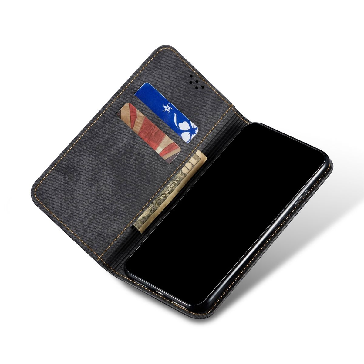 Offene schwarze Handyhülle mit Karten und Bargeld. Ein schwarzes Telefon befindet sich im Inneren.