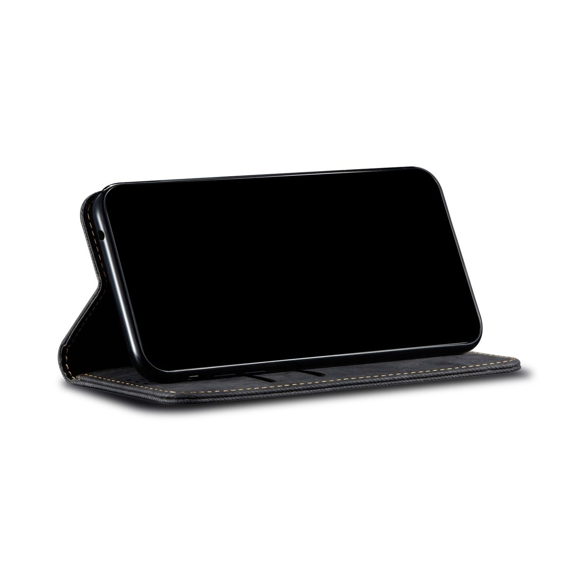 Schwarzes Telefon in einem Ständer. Der Bildschirm ist schwarz, der Ständer ist auch schwarz und grau.