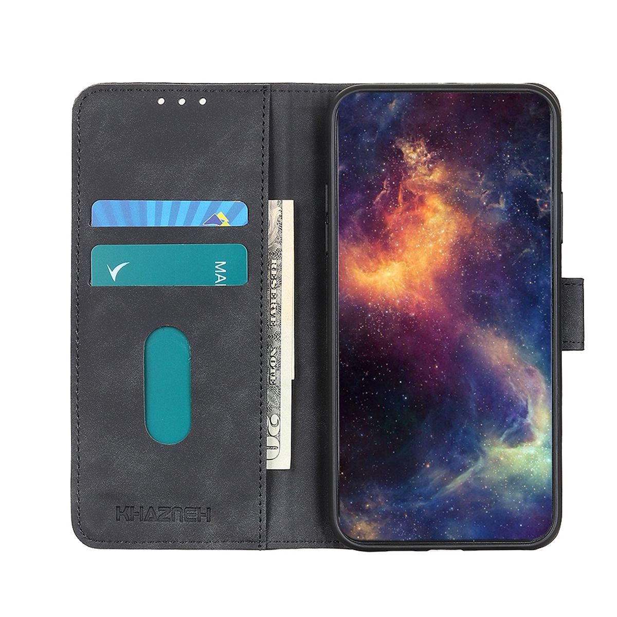 Schwarzes Telefon in dunkelgrauer Hülle, mit Karten und Geld.