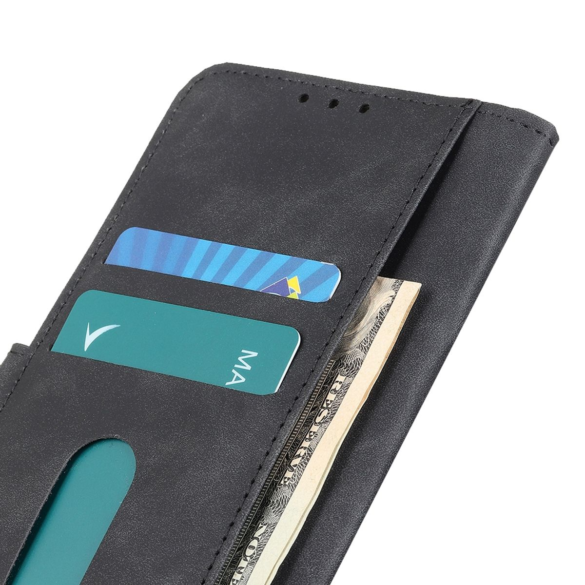 Schwarze Handyhülle geöffnet, zeigt eine Brieftasche mit Karten und Geld darin. Der Hintergrund ist unscharf.