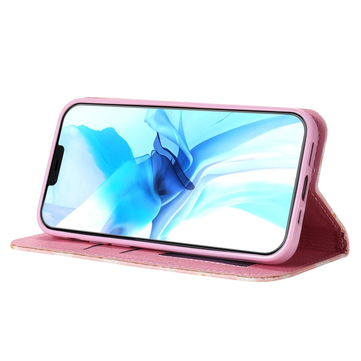 Rosafarbene Handyhülle mit Telefon darin ist geöffnet. Es zeigt einen blau-weißen Bildschirm.