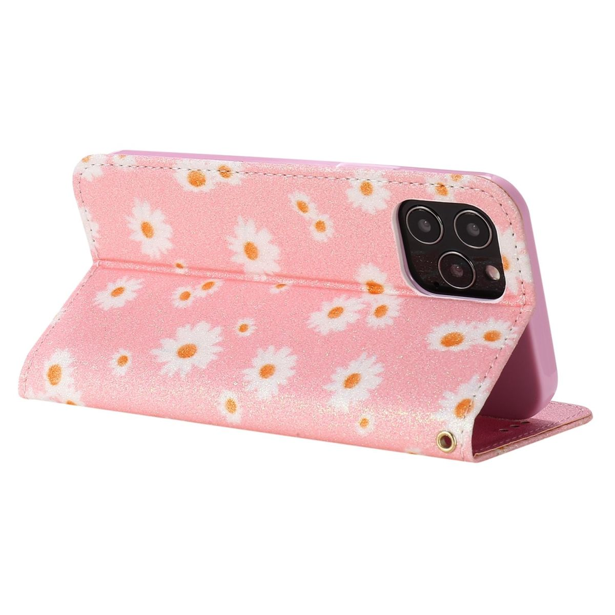Pinke Handyhülle mit weißen Blumen. Geöffnet, zeigt das Telefon.