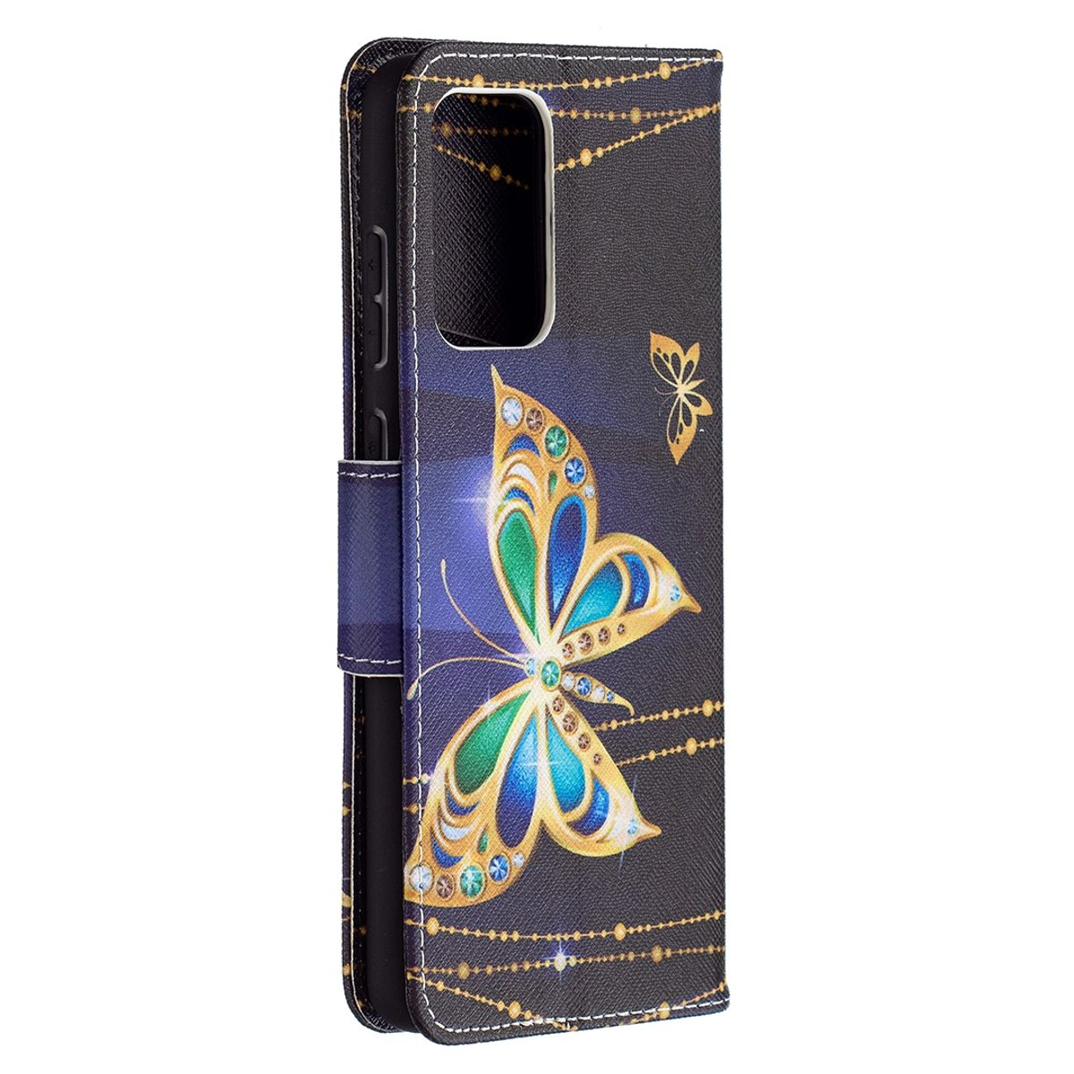 Schwarze Handyhülle mit Schmetterlingsdesign und goldenen Akzenten, zeigt das Telefon.