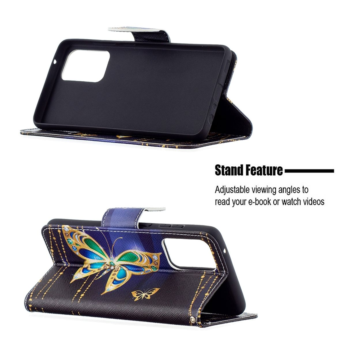 Geöffnete Handyhülle mit Schmetterlingsdesign. Telefon sichtbar. Standfunktion.