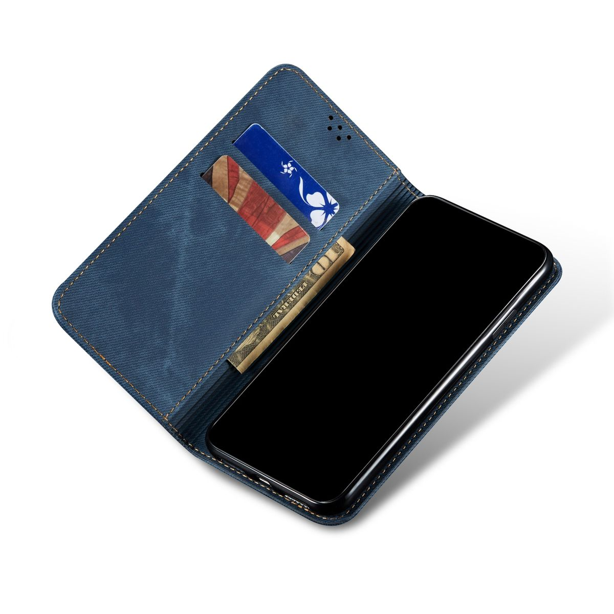 Offene blaue Handyhülle mit Telefon und Karten. Etwas Bargeld im Inneren.