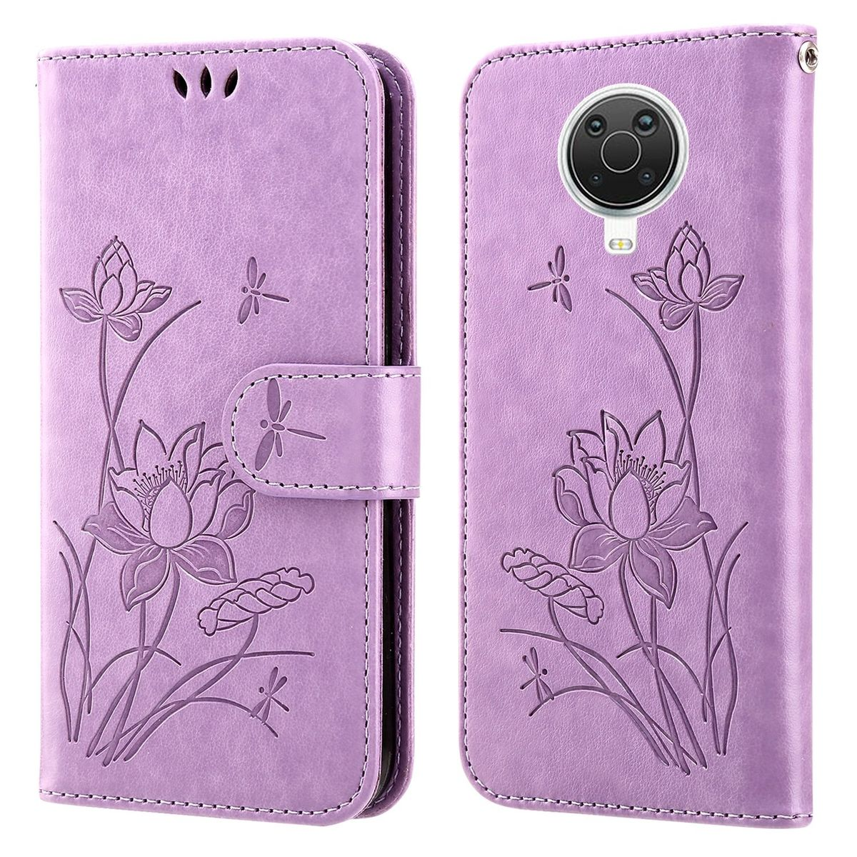 Lila Handyhülle mit Lotusblumen-Design und eingravierten Libellen auf der Oberfläche.
