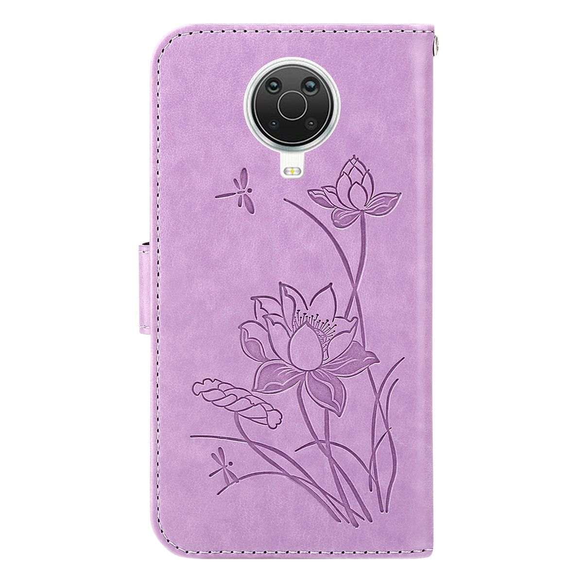Lila Handyhülle mit Lotusblumen-Design. Es gibt auch Libellen auf dem Gehäuse.