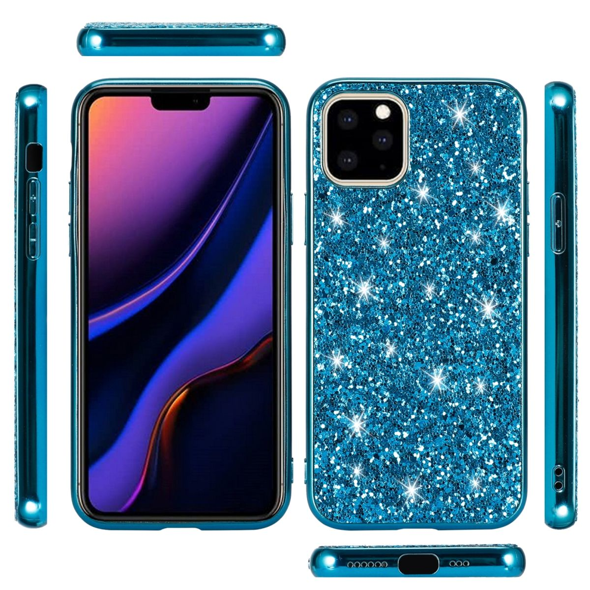 Blaue Handyhülle mit Glitzer. Telefon ist in der Mitte.