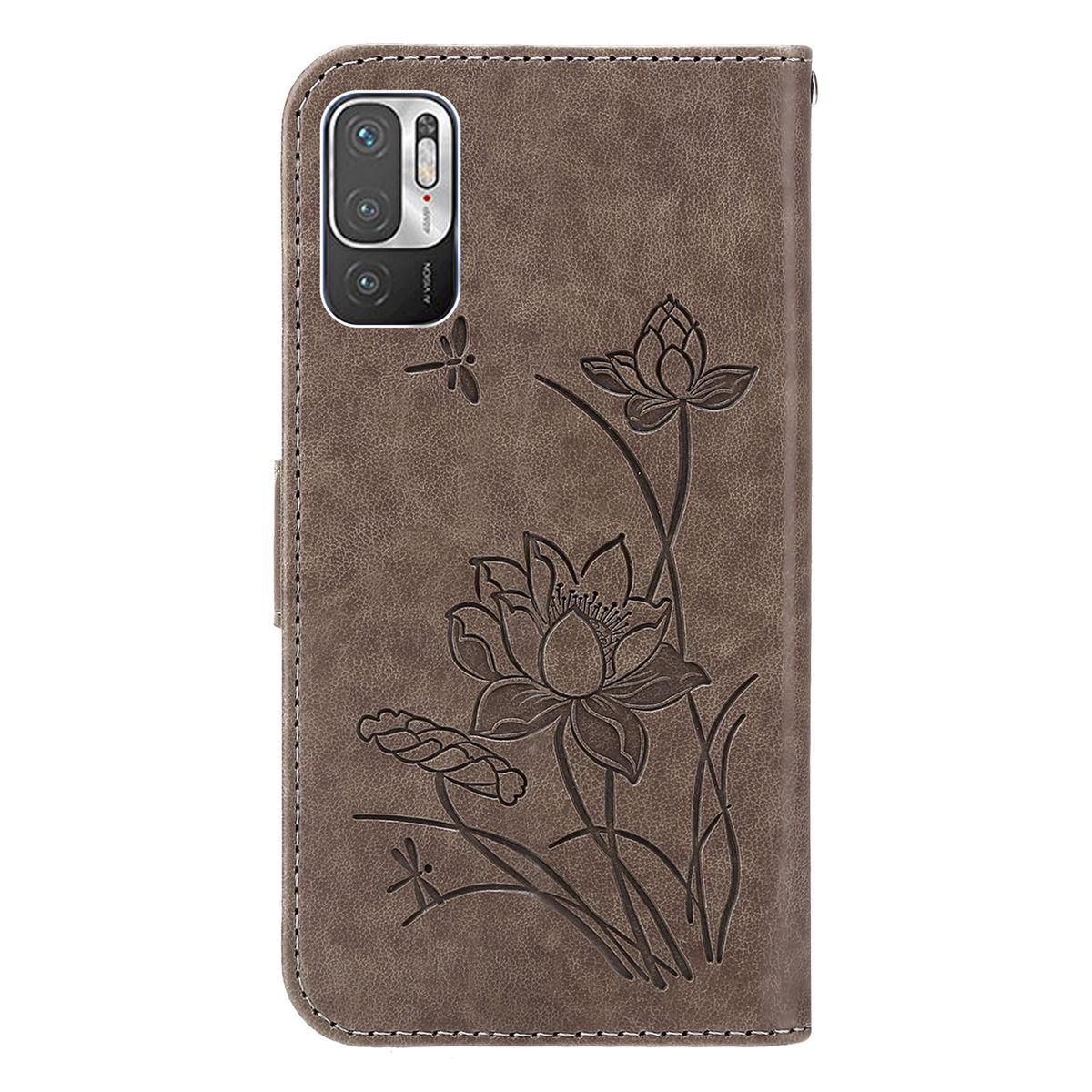 Braune Handyhülle mit Lotusblumen-Design. Geschlossen, auf dunkler Oberfläche. Libelle und 48MP Kamera Details.