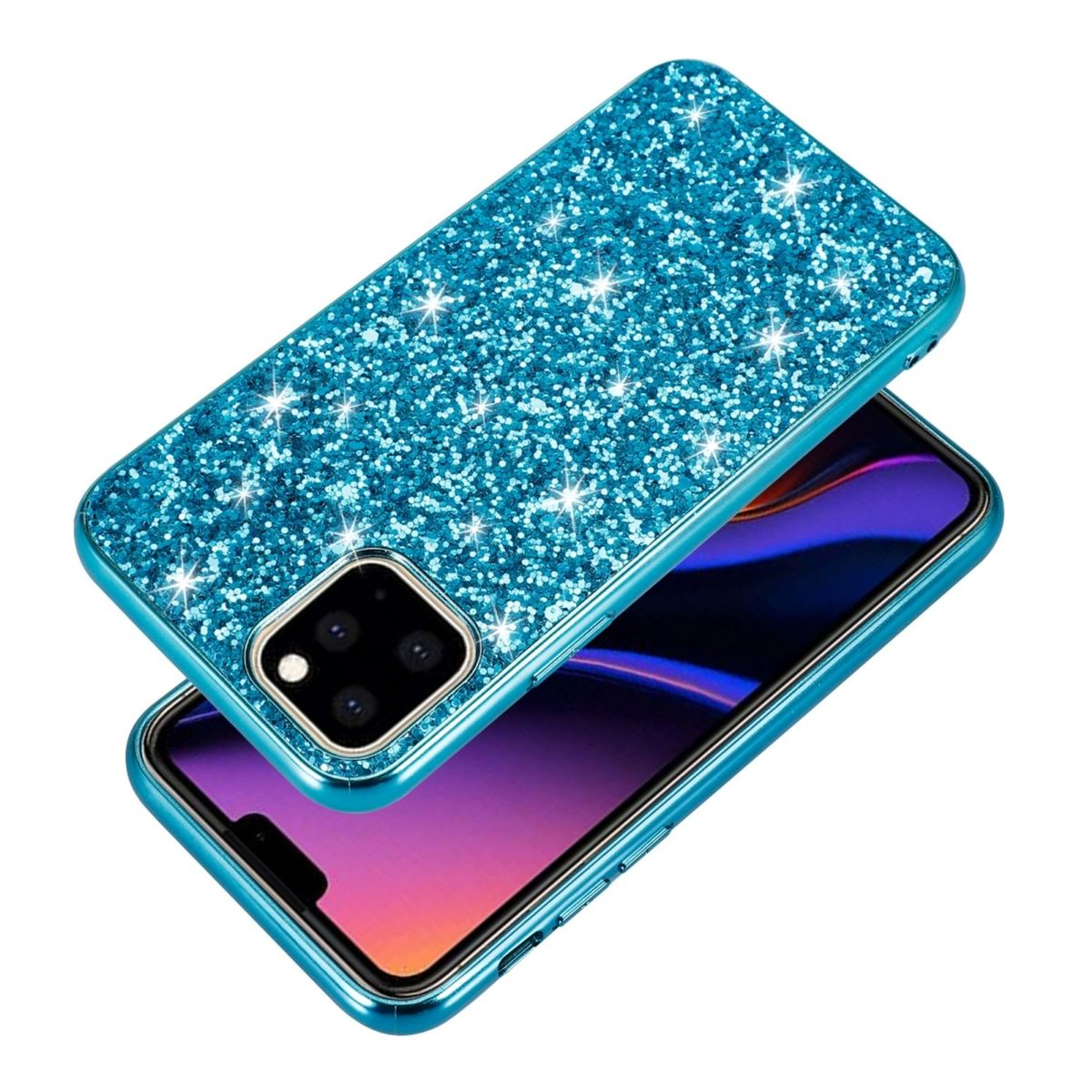 Blaue, glitzernde Handyhülle mit Telefon darin. Das Telefon ist schwarz. Der Hintergrund ist weiß.