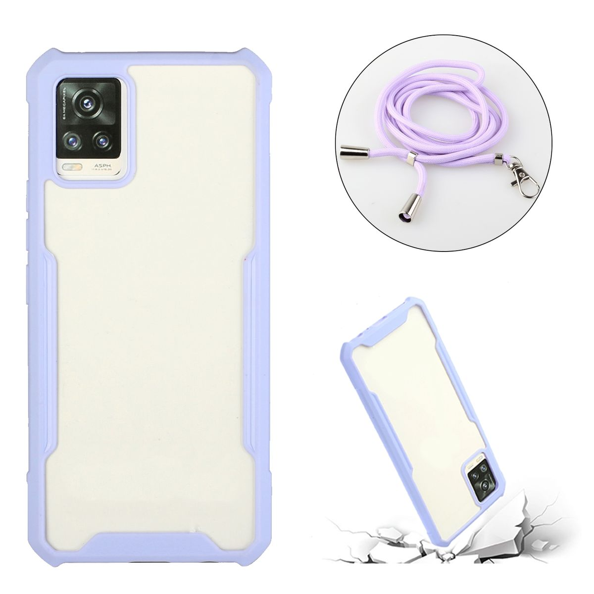 Handyhülle mit Telefon und separatem Schlüsselband. Hülle hellblau mit weißer Rückseite und Kamera.