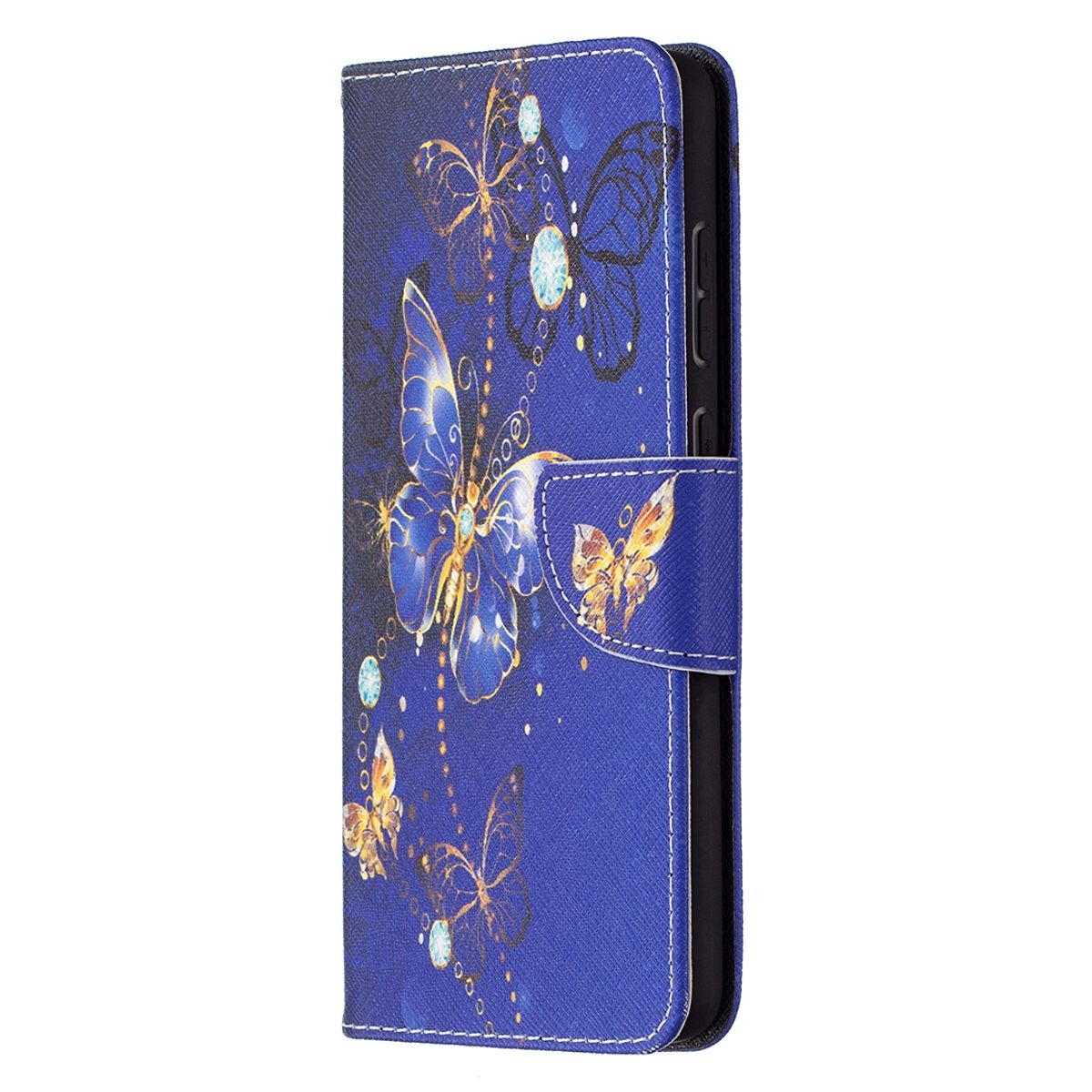 Eine blaue Handyhülle mit goldenen Schmetterlingen und blauem Hintergrund.