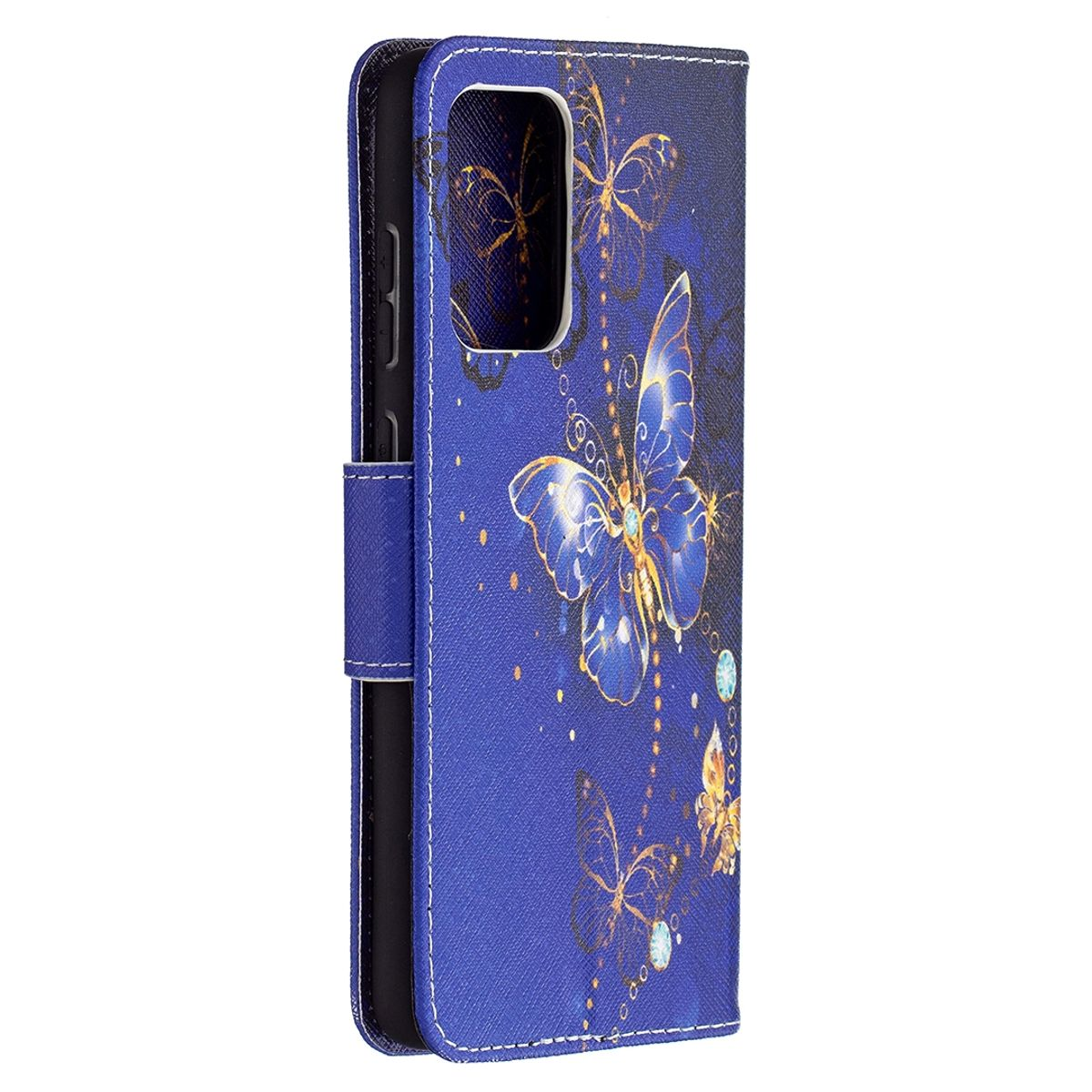 Blaue Handyhülle mit Schmetterlingsdesign. Hintergrund ist blau.