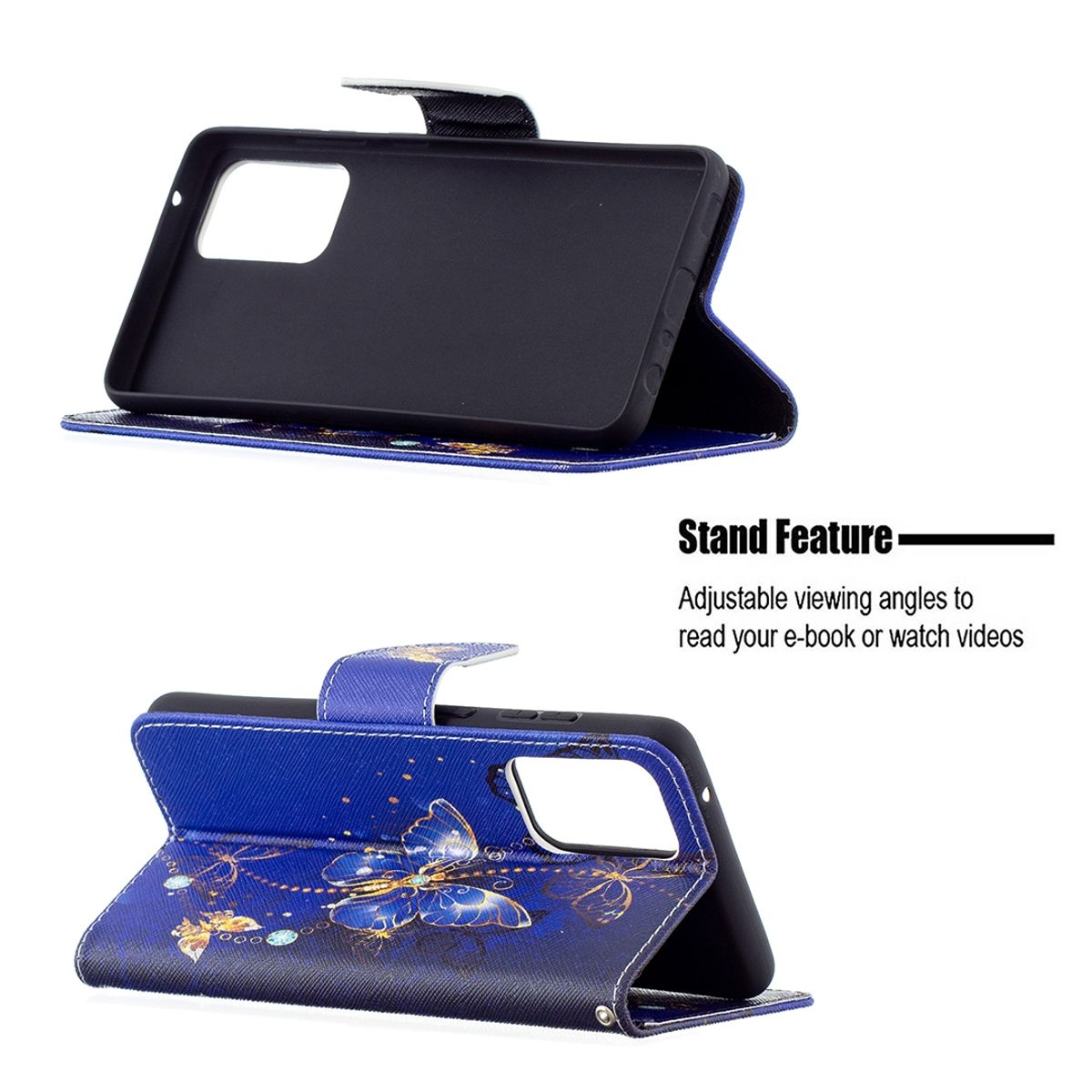 Eine blaue Handyhülle mit Schmetterlingsdesign, geöffnet, um das Telefon zu zeigen. Die Hülle ist ein Ständer.