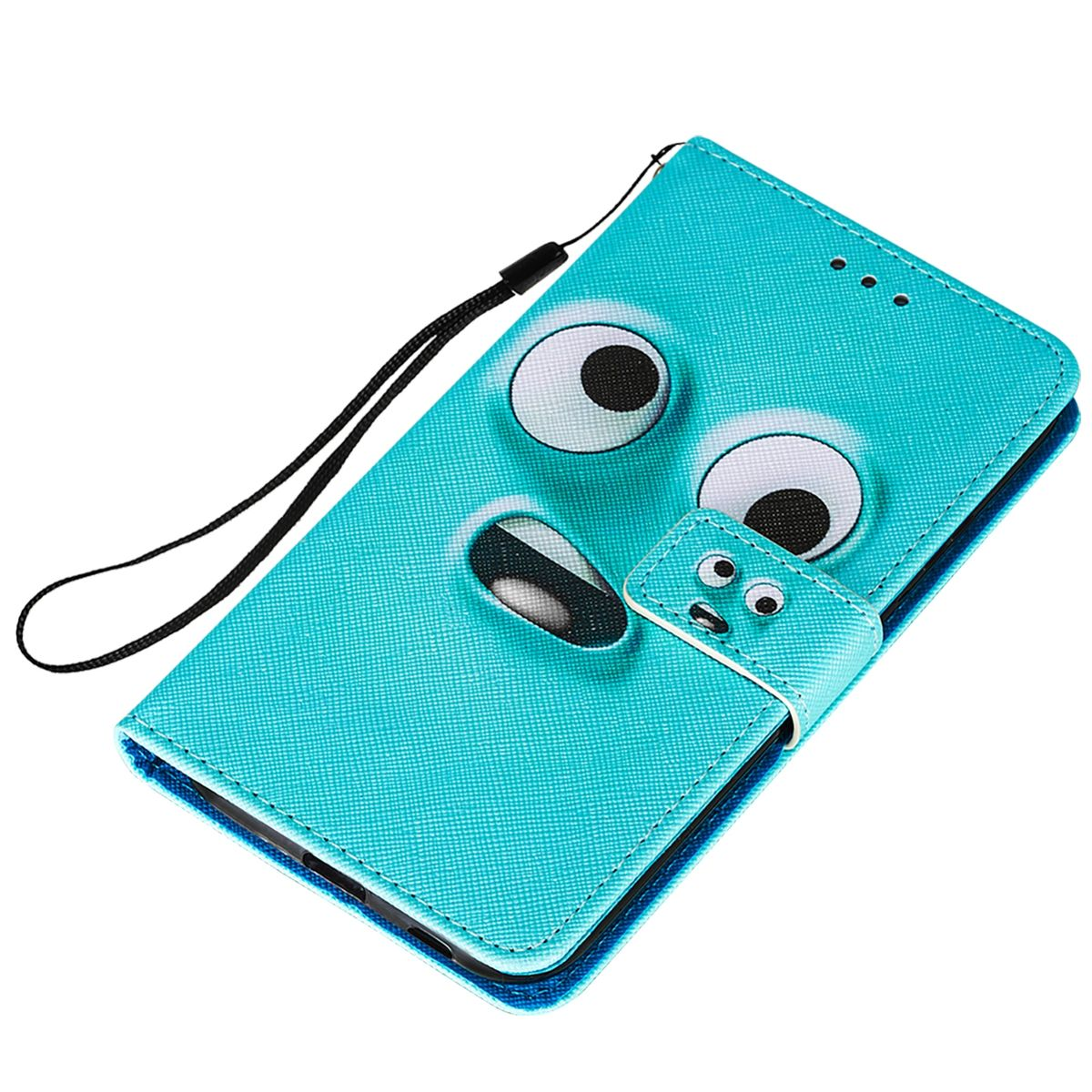 Blaue Handyhülle mit Cartoon-Augen. Geschlossen. Hintergrund ist weiß.