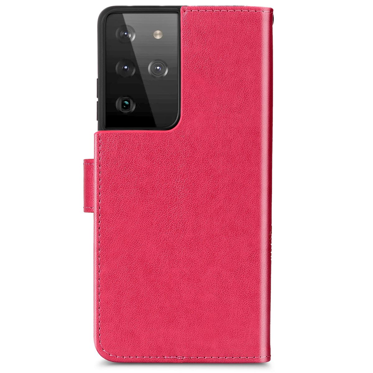 Rote Handyhülle geschlossen, mit Telefon. Auf weißem Hintergrund.