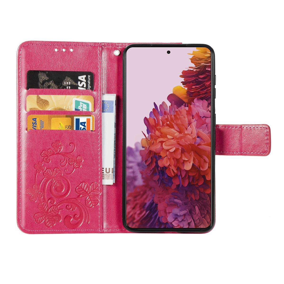 Rosa Handyhülle, geöffnet, mit Karten und einem Telefon.
