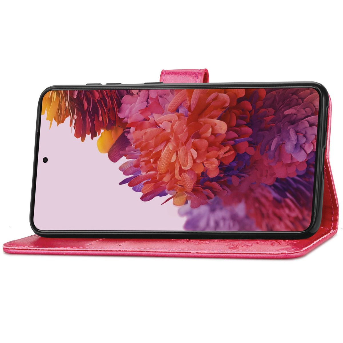Rosa Handyhülle geöffnet. Telefon wird mit rosa Blumen auf dem Bildschirm angezeigt. Weißer Hintergrund.