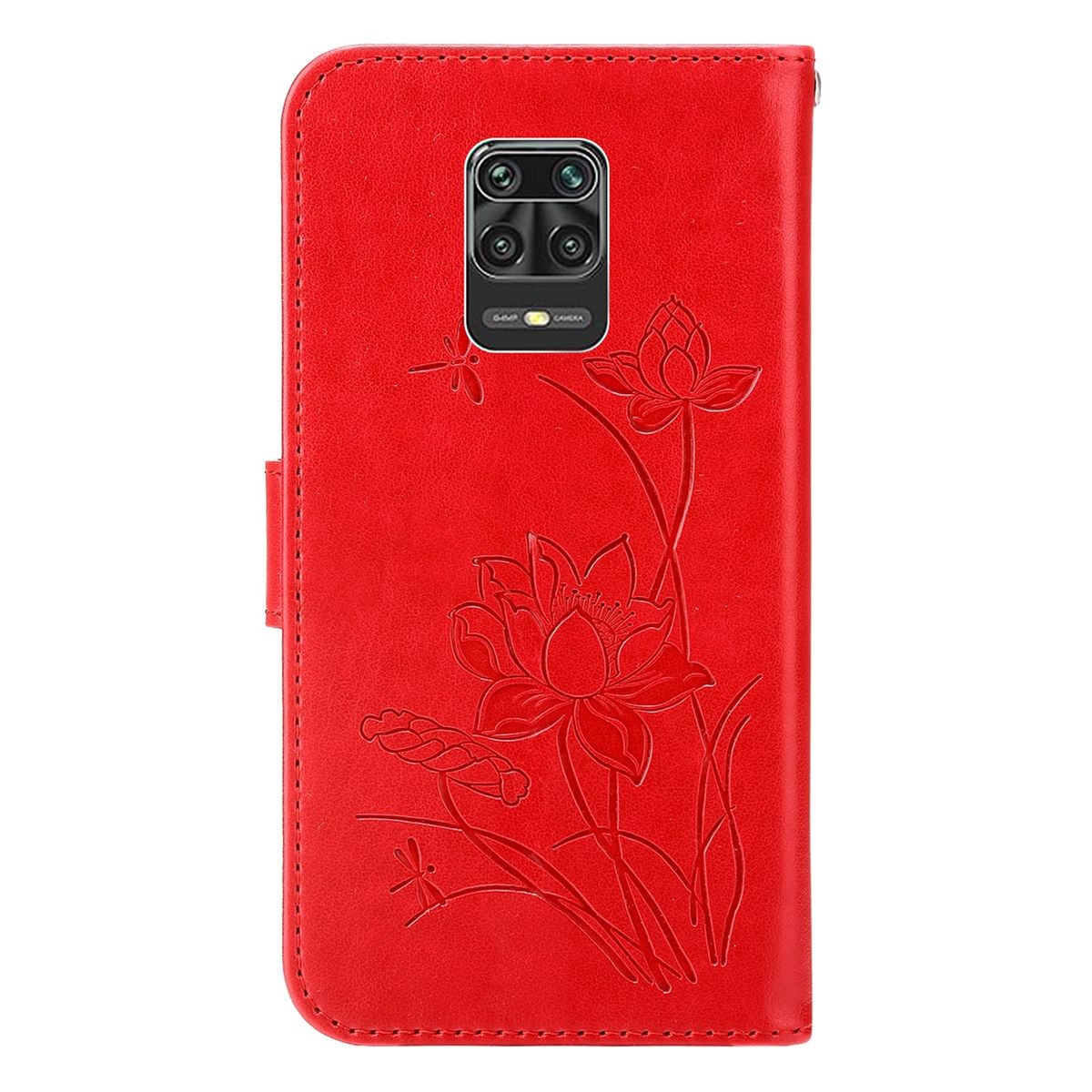 Rote Handyhülle mit floralem Design. Geprägte Lotusblumen und Libellen.