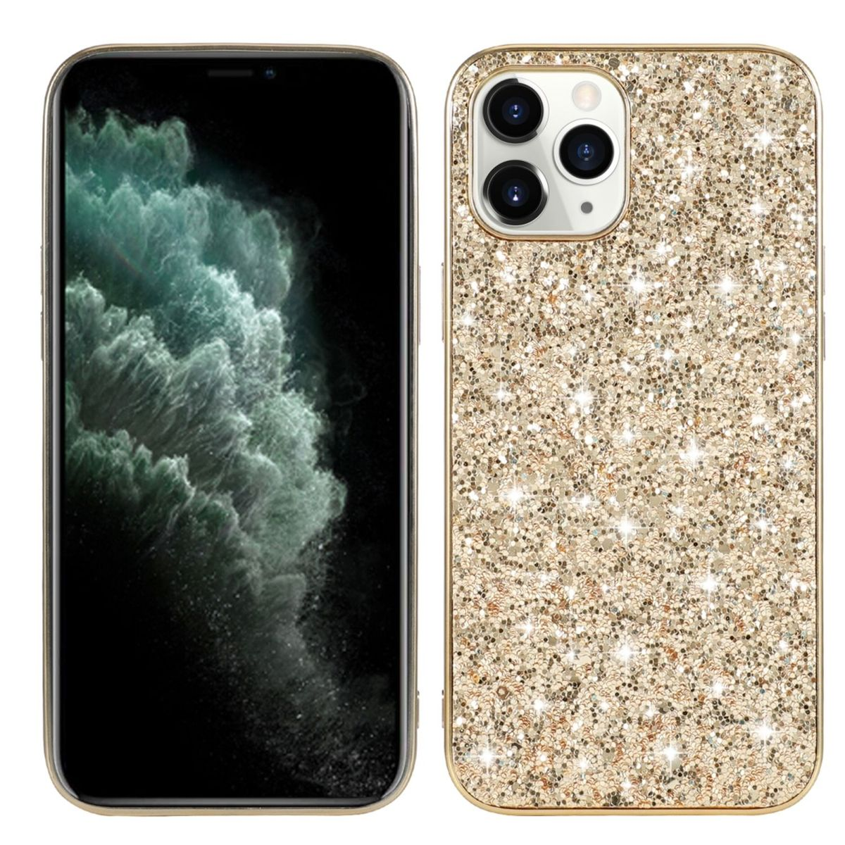 Eine goldene Glitzer-Handyhülle neben einem Telefon mit schwarzem Bildschirm. Die Hülle ist funkelnd.