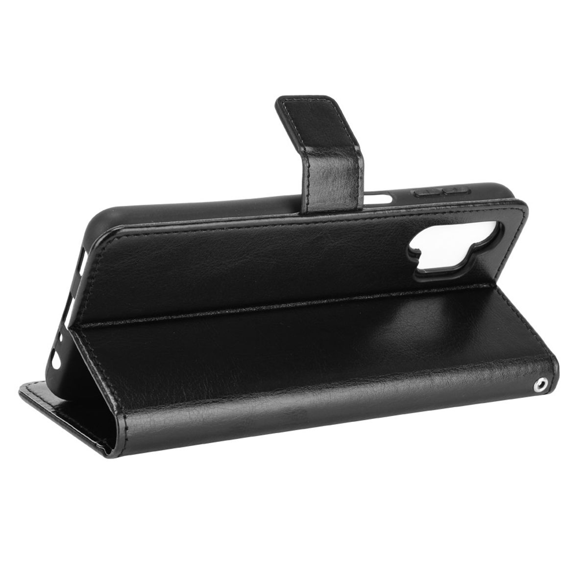 Schwarze Leder-Handyhülle, offen, mit Telefon-Halterung und Magnetklappe.