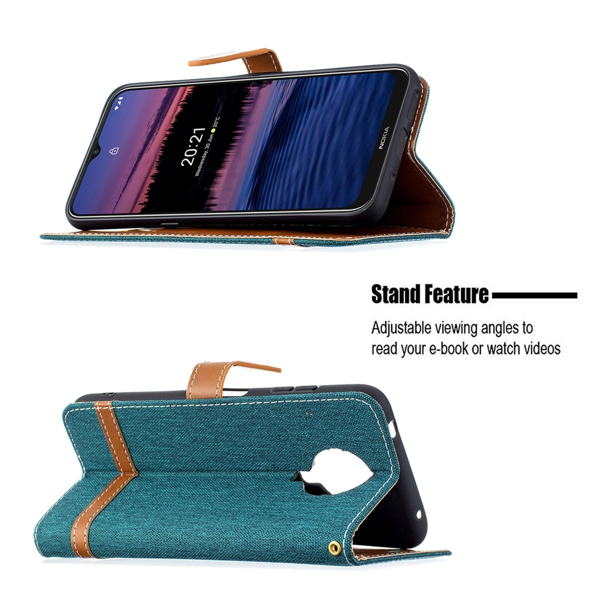 Blau-braune Handyhülle mit Telefon, Ständerfunktion. Weißer Hintergrund.