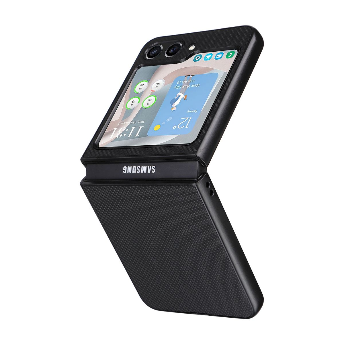 Schwarzes, faltbares Handycase, geöffnet, zeigt Telefon. Telefon zeigt Zeit, Wetter. Case hat strukturierte Oberfläche, Samsung-Logo.