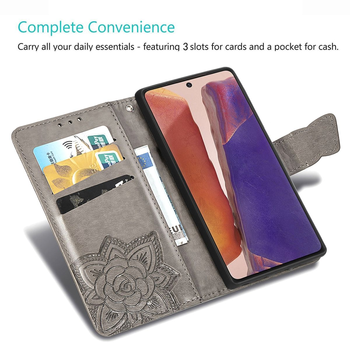 Graue Handyhülle mit Kartenfächern und Telefon. Design vorne.