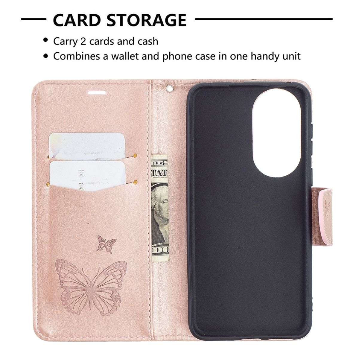 Eine offene rosa Handyhülle mit Karten, Bargeld und Telefon. Schmetterlingsgrafik auf der Hülle.