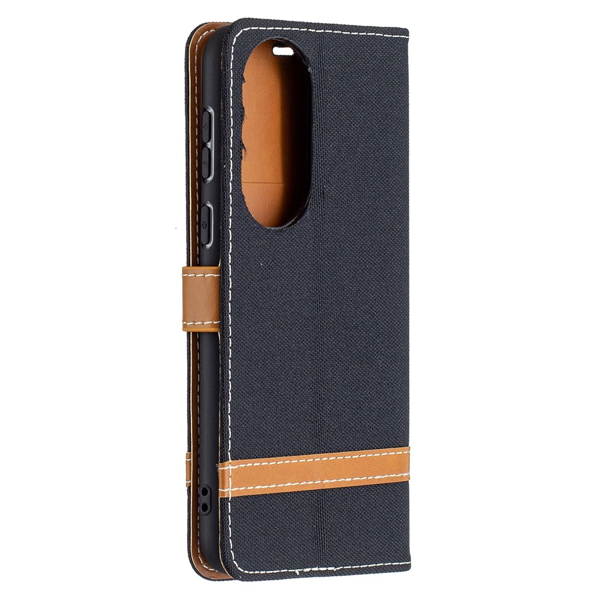 Geschlossene Handyhülle in Marineblau und Braun. Telefon ist innen. Brauner Riemen.