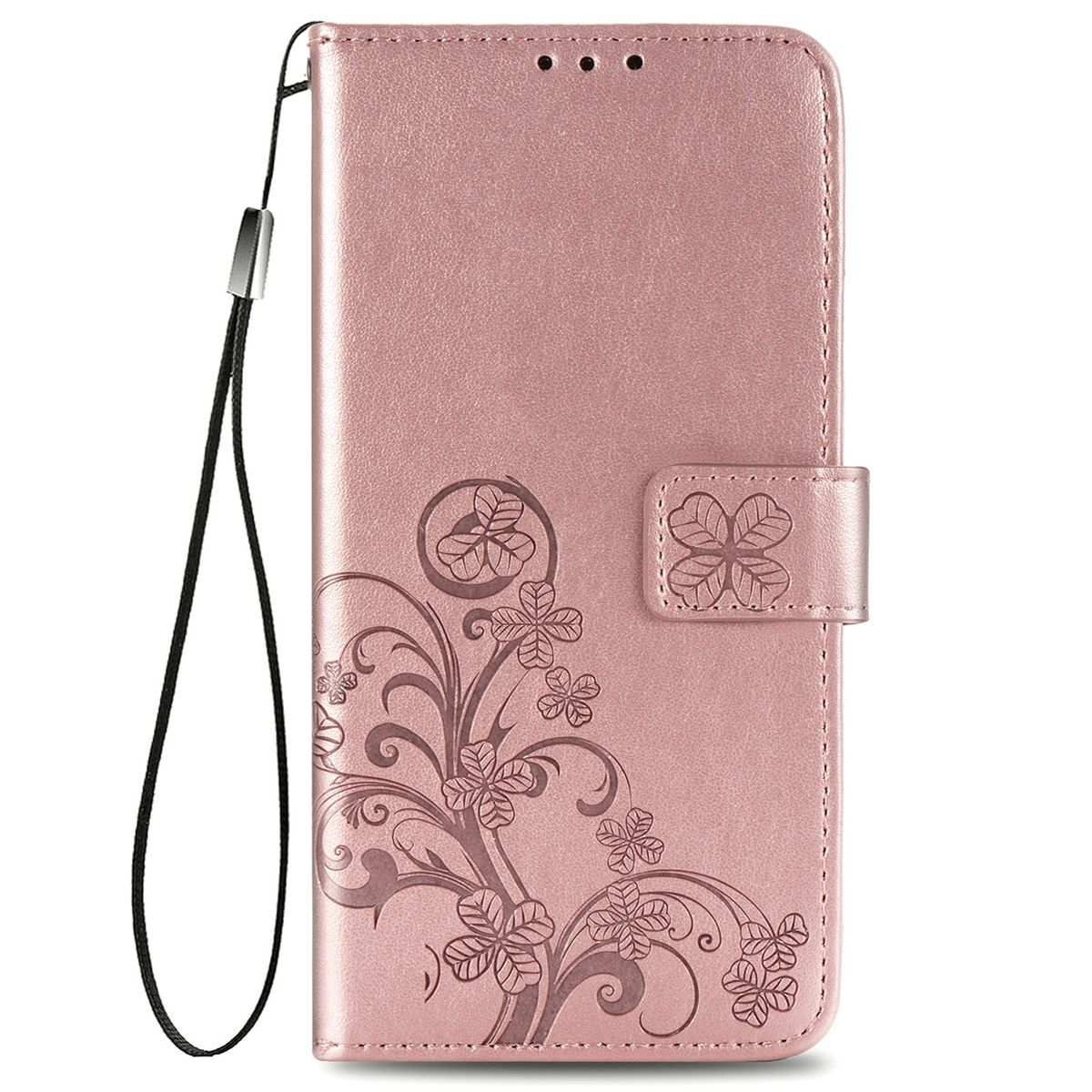 Rosa Handyhülle mit floralem Design und Riemen. Die Hülle ist geschlossen.