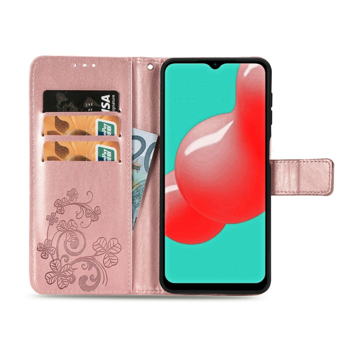 Geöffnete pinke Handyhülle mit Karten und Bargeld neben einem Telefon mit rotem Design.