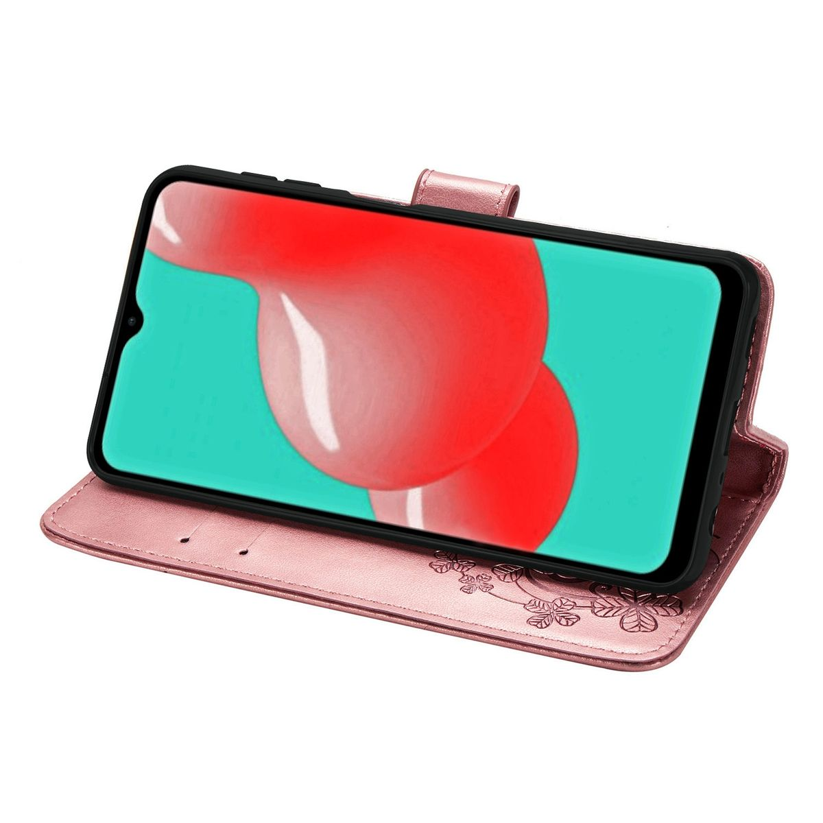 Rosa Handyhülle mit Telefon darin. Der Bildschirm zeigt ein abstraktes rot-blaues Bild.