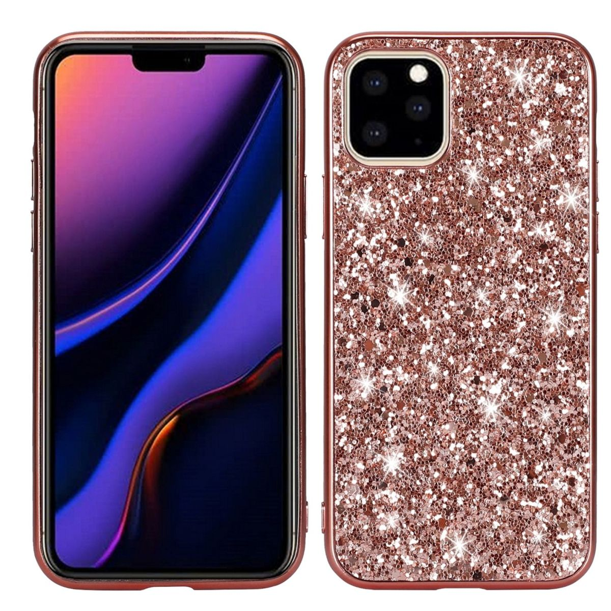 Ein Telefon mit einer roségoldenen Glitzerhülle. Zeigt ein Telefon mit einem Bildschirm.