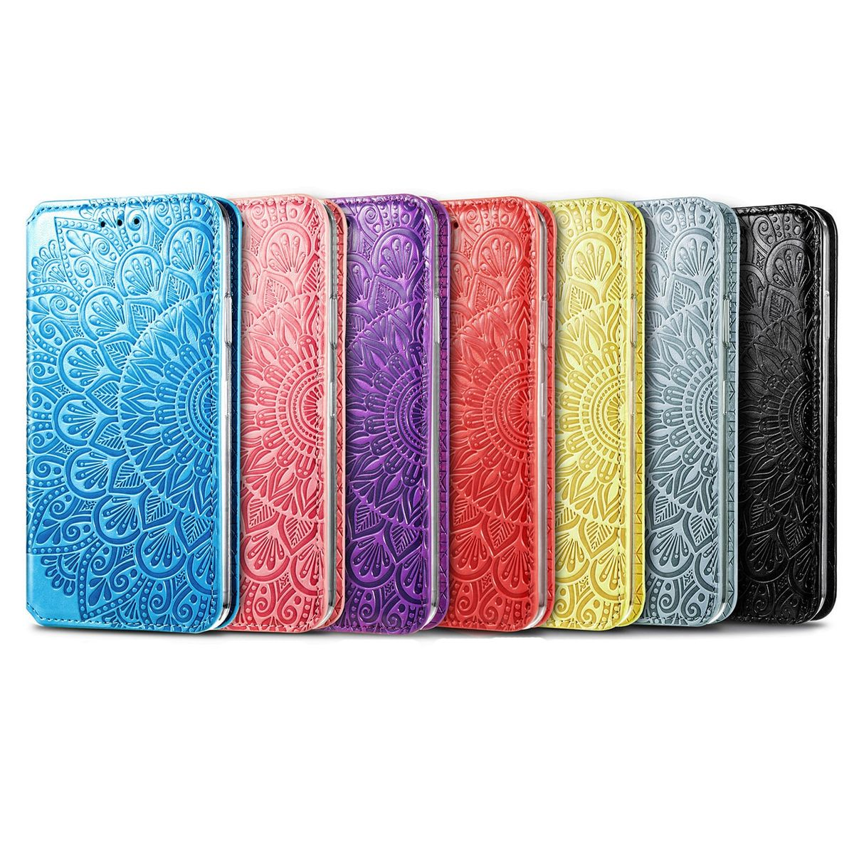 Eine Reihe bunter Handyhüllen. Jede Hülle hat ein Mandala-Design.