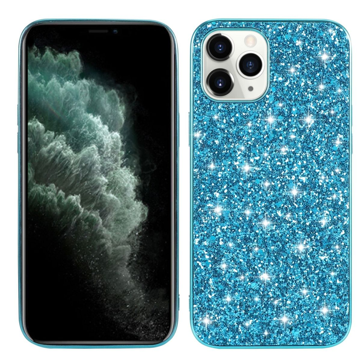 Blaue Glitzer-Handyhülle mit schwarzem Bildschirm und Telefon auf der rechten Seite.