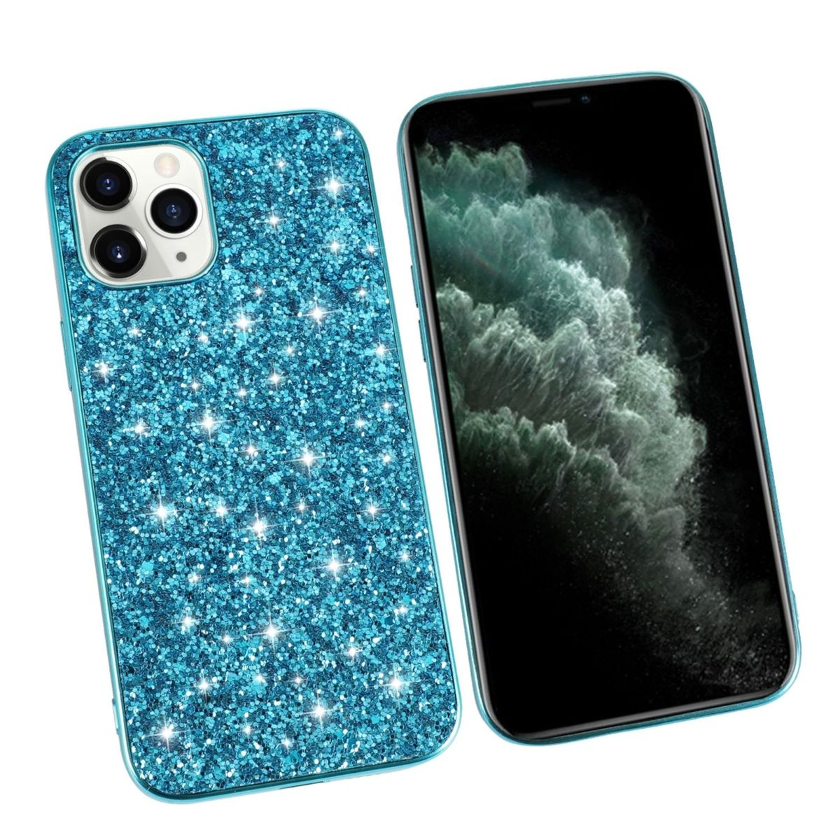 Zwei Telefone, eines in einer blauen Glitzerhülle, das andere zeigt den Bildschirm. Die Hüllen sind gleich.