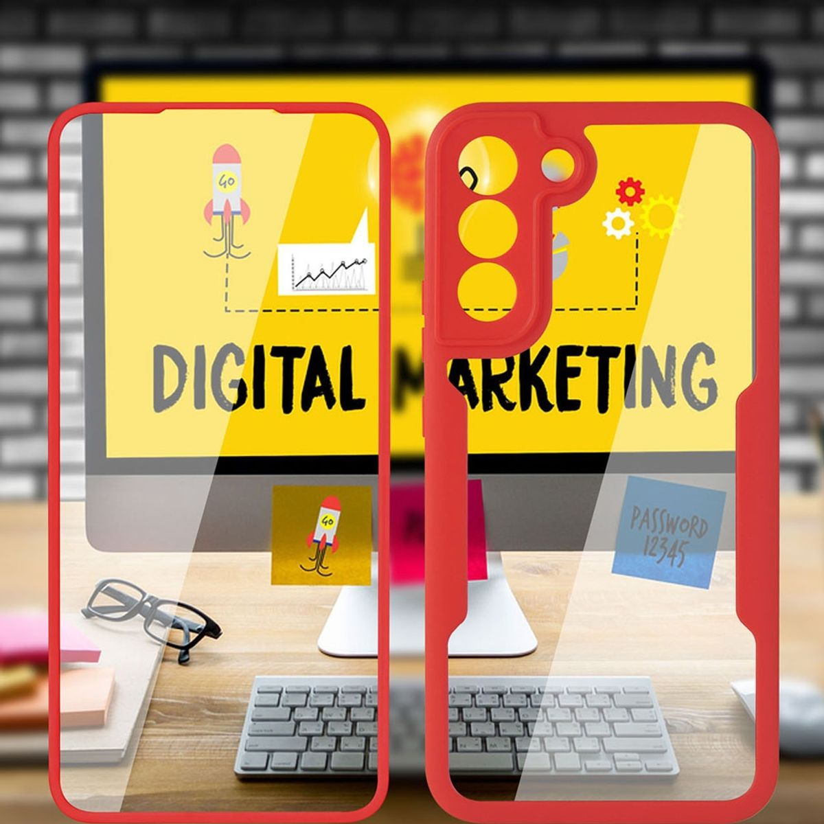 Rote Handyhülle mit Computerbildschirmhintergrund, der Digital Marketing-Konzepte und Objekte zeigt.