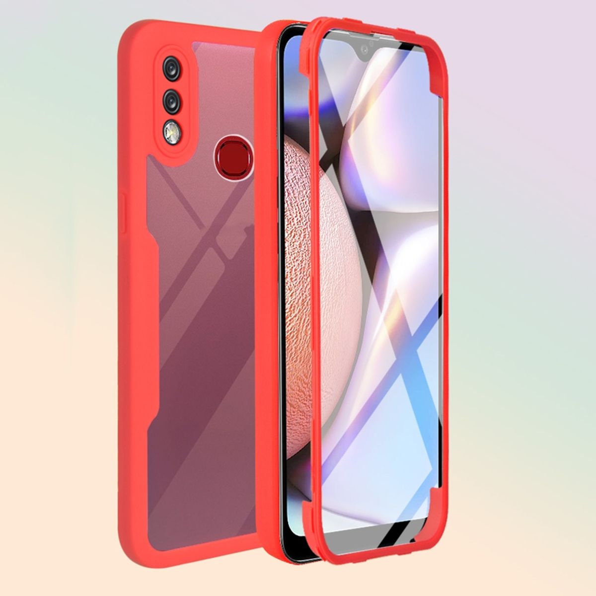 Eine rote und transparente Handyhülle mit einem Telefon darin. Das Telefon ist durch die transparenten Teile der Hülle sichtbar.