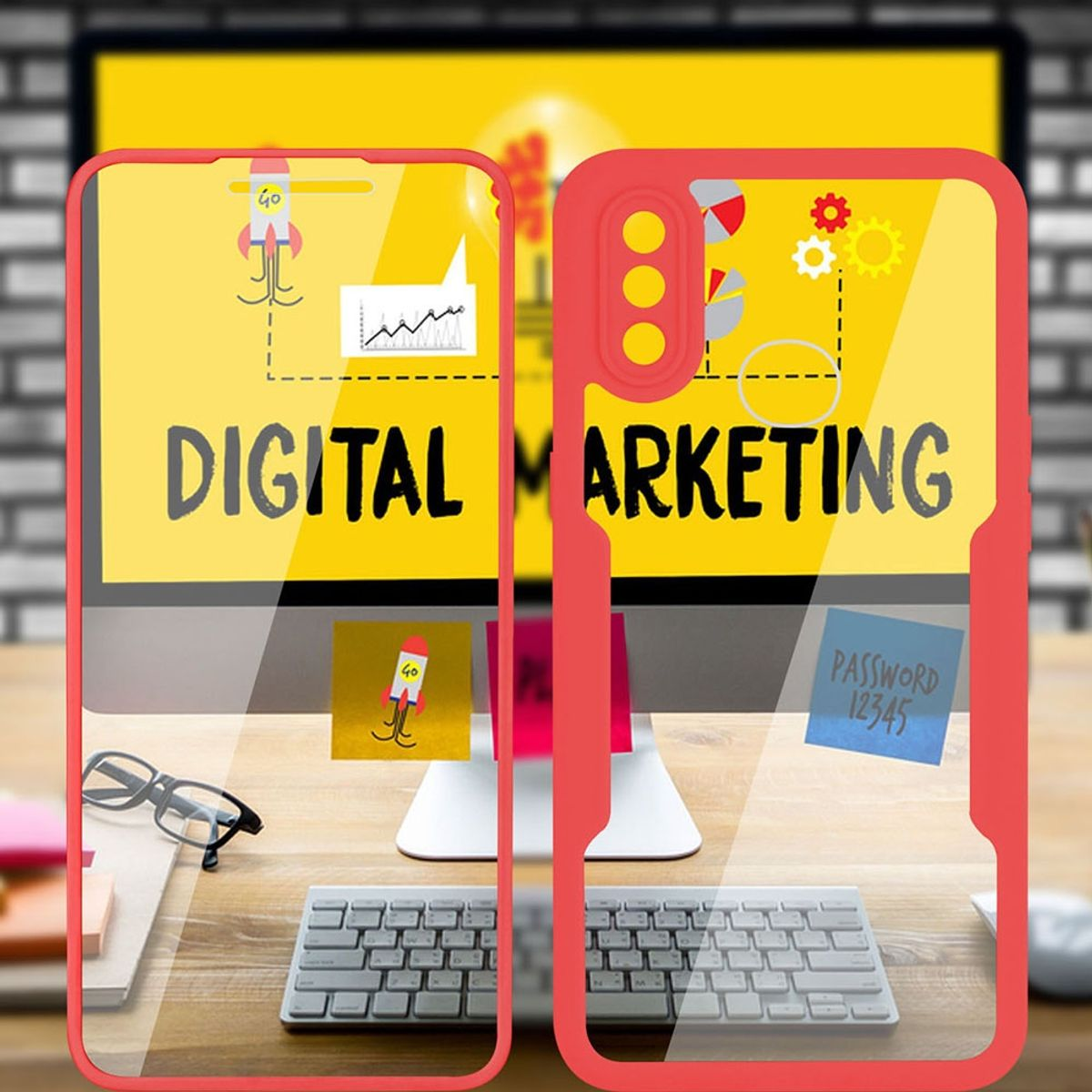 Rote Handyhüllen zeigen einen Monitor mit Text DIGITAL MARKETING und eine Tastatur, eine Brille und Notizen.