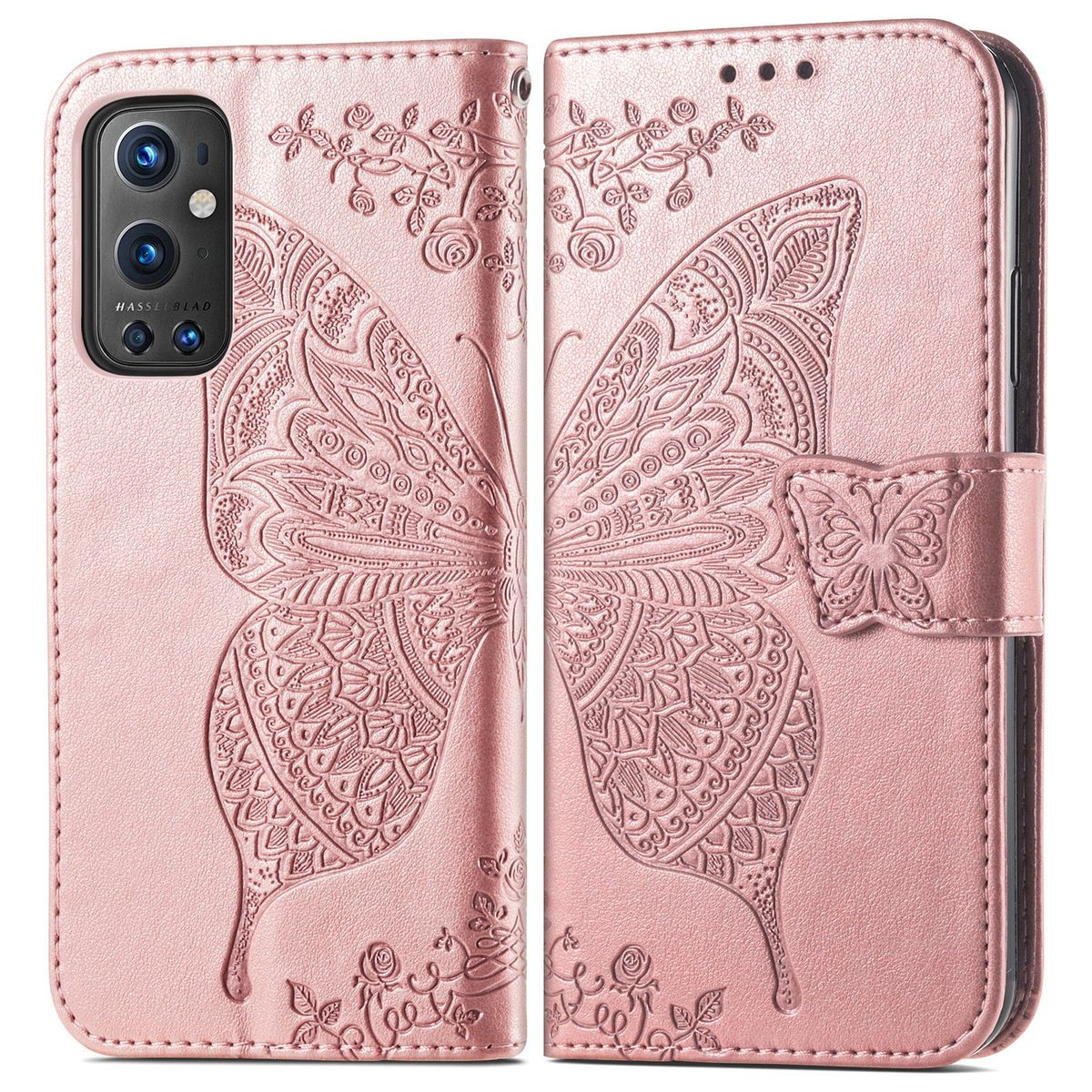 Rosa Leder-Handyhülle mit Schmetterlingsdesign. Enthält ein Telefon und Blumenmuster.