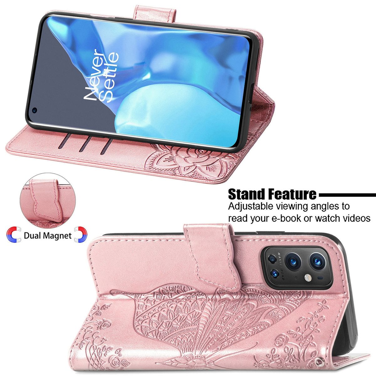 Eine rosa Handyhülle ist geöffnet und zeigt ein Telefon. Die Hülle hat ein Schmetterlings- und Blumendesign.